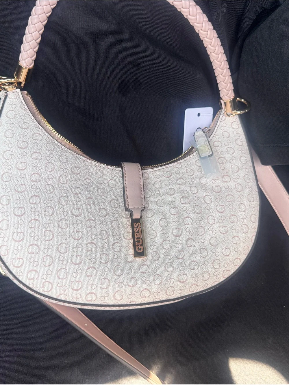 GUESS Light Pink Crescent Shoulder Bag with Logo Print